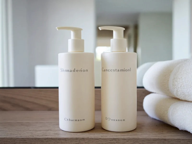 Shampoo e balsamo opachi con pompa su una mensola di legno chiaro