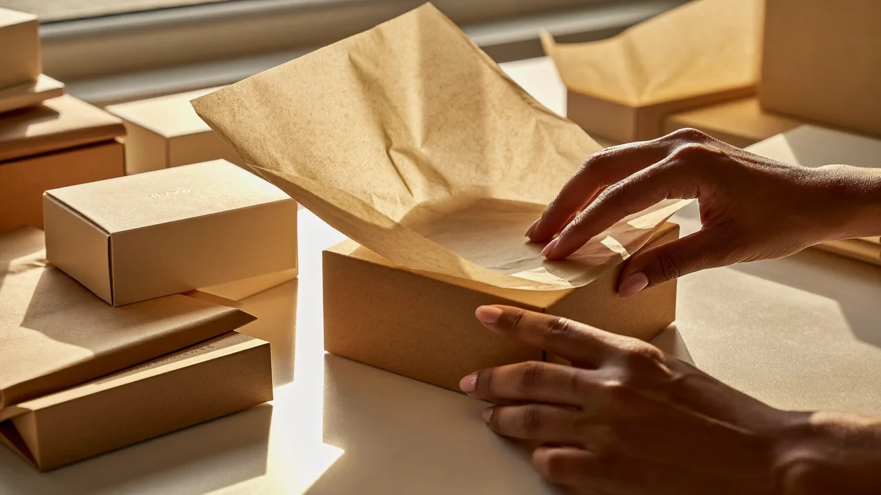 Mani che preparano scatole cosmetiche senza marchio con carta velina e cartone kraft