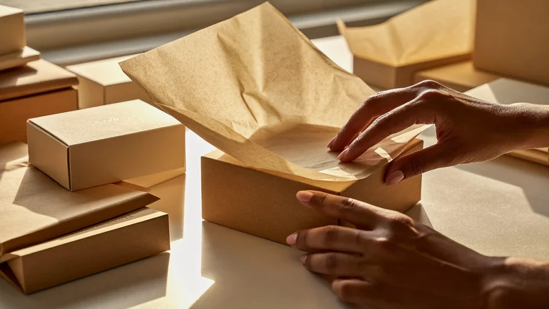 Mani che preparano scatole cosmetiche senza marchio con carta velina e cartone kraft
